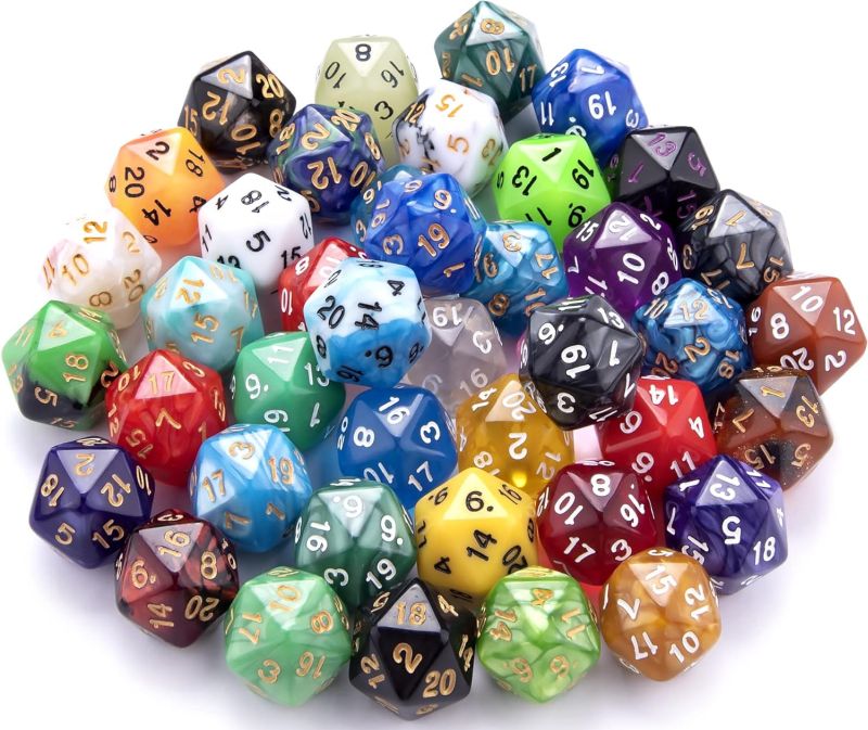 Pile of colorful polyhedral dice with 20 sides each