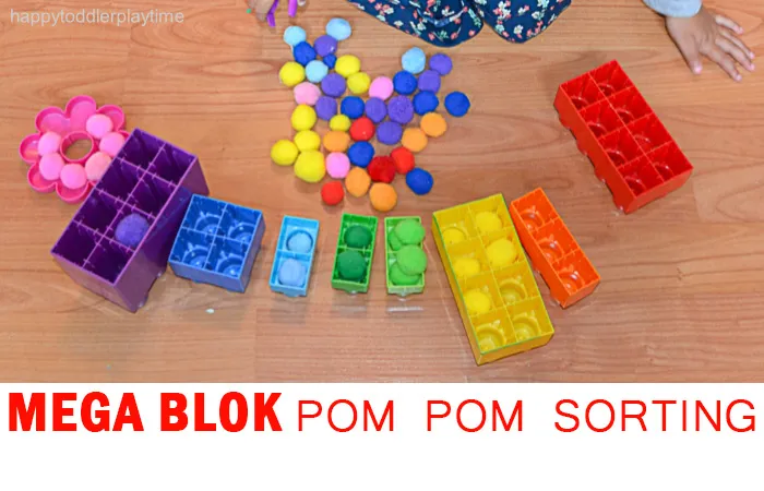 Text reads Mega Block Pom Pom Sorting. Mega blocks are turned upside down in different colors. Corresponding colored pom poms are shown and are placed into their matching colored block. (fine motor activities)