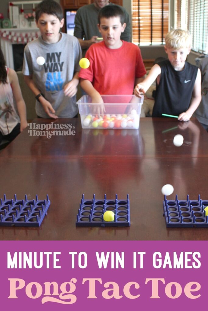Three kids are seen throwing ping pong balls into trays.