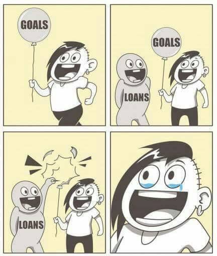 Comic with woman holding a balloon that says Goals and a man with shirt saying Loans walking by and popping it