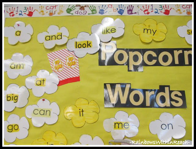 A primary classroom word wall using words written in popcorn kernel shapes