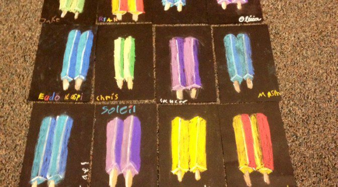 multiple drawings of popsicles are shown on black backgrounds.