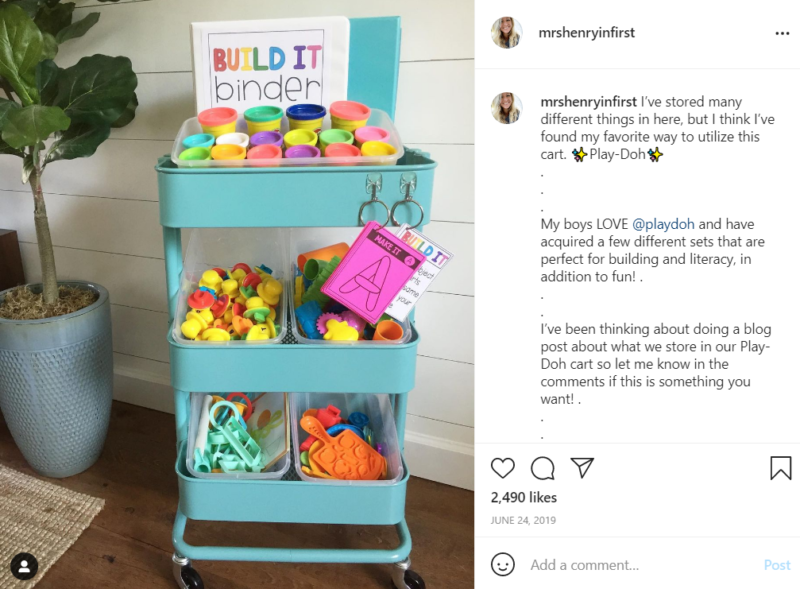 Teal teacher cart full of play-doh toys and accessories