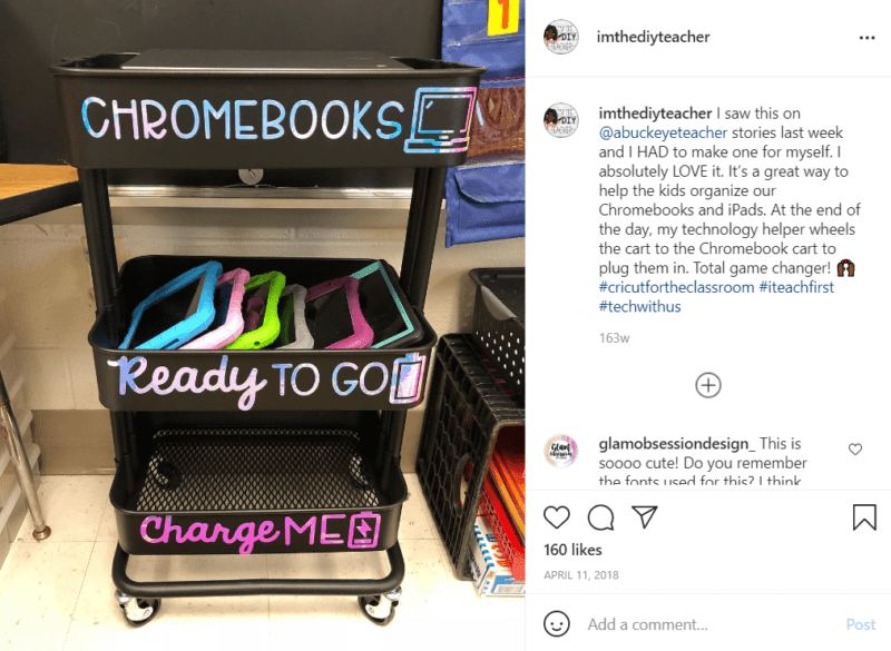 Black teacher cart set up to store chromebooks with a section for ones that are charged and ones that need to be charged located in a classroom