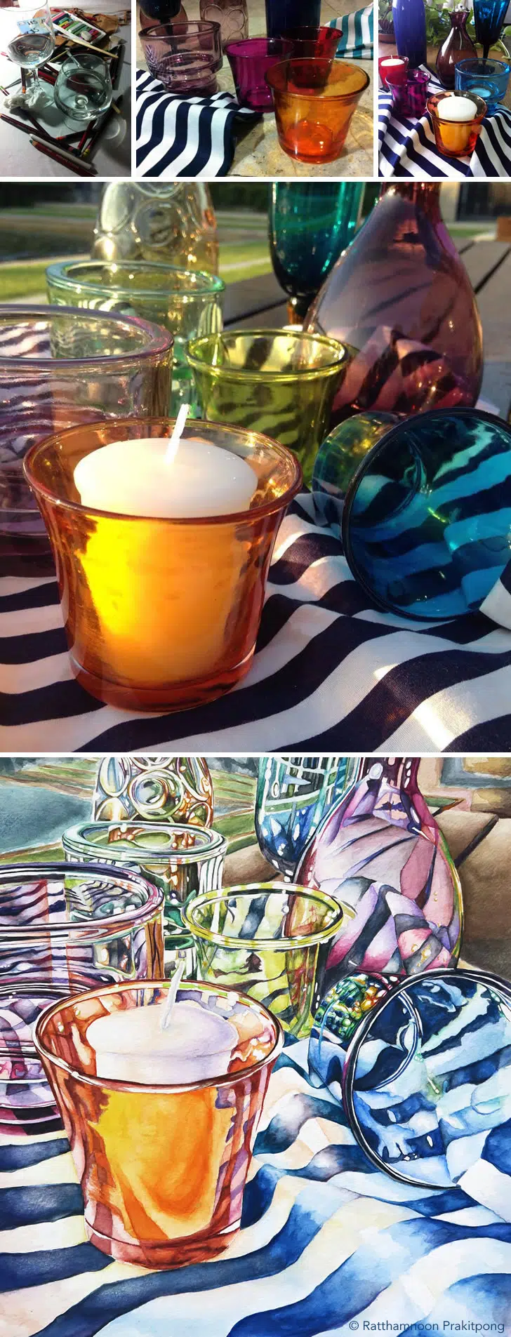 A top image shows a photo of brightly colored candle holders with candles in them. The bottom photo is a painting of it.