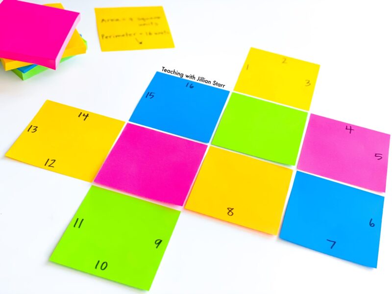 use sticky notes to create shapes to calculate area and perimeter 