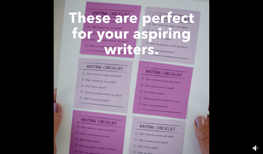 Purple and pink post-its with a note: These are perfect for your aspiring writers.