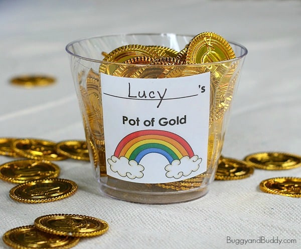 gold coins in a cup for a pot of gold saint patrick's day activity 
