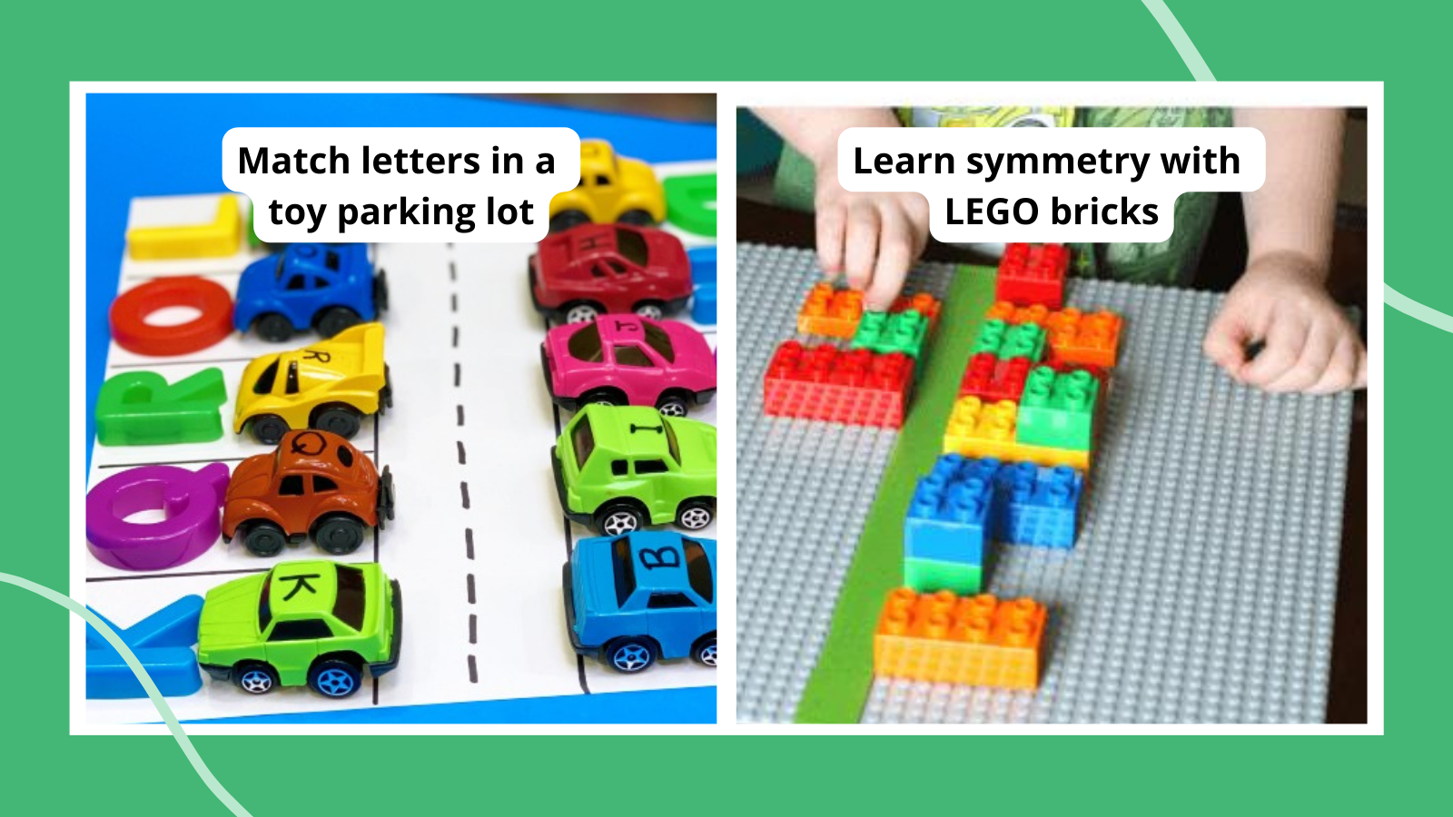 Examples of preschool activities including matching letters in a toy car parking lot and learning symmetry using LEGO bricks.