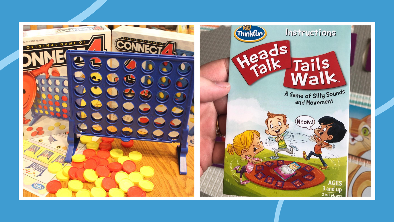 Examples of preschool games including Connect for and Heads Talk, Tails Walk