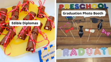 Examples of preschool graduation ideas including edible diplomas made from HoHos and a graduation photo booth with props.