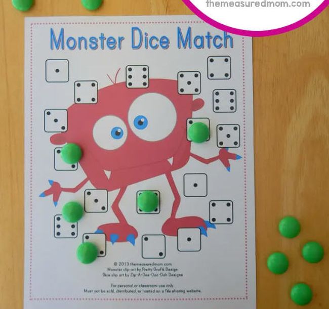 Printable Monster Dice Game for preschool math students