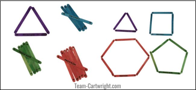Colorful wood craft sticks used to make triangles, squares, and more shapes (Preschool Math Games)