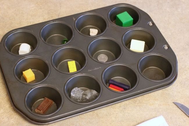 Muffin tin with different objects in each well (Preschool Science)
