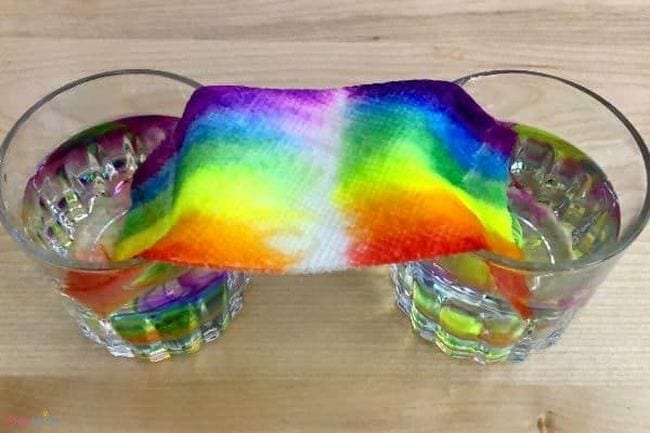 Paper towel strip draped between two glasses of water, with colorful marker rainbow ink moving from each side to meet in the middle