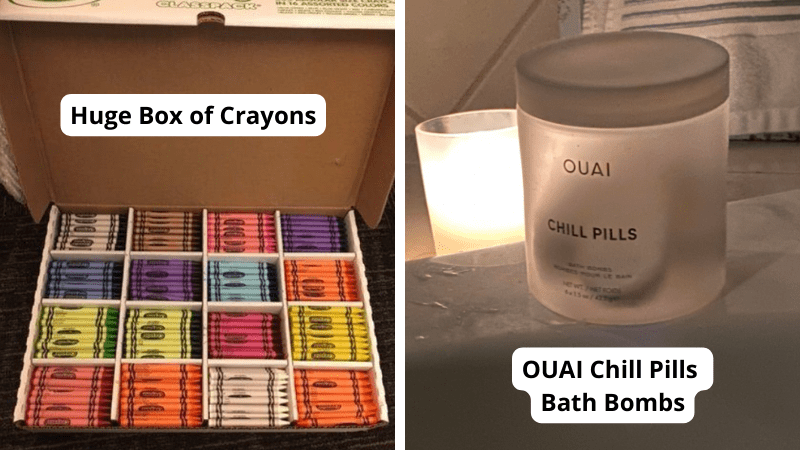 Examples of some of the best preschool teacher gifts including a big box of crayons, and Chill Pills bath bombs.