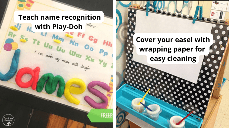 Examples of tips for pre-K: letter recognition with Play-Doh and cover easel with wrapping paper for easy cleaning