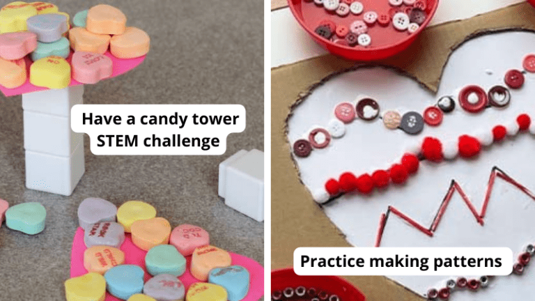 Examples of Valentine's Day crafts for preschoolers, including building towers with blocks and candy hearts and making heart patterns with buttons.