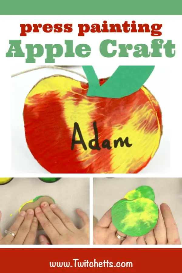 A top image shows an apple made from cardboard that is painted red and yellow and says Adam in black marker. The bottom pictures show a child's hand working on this example of easy crafts for kids.