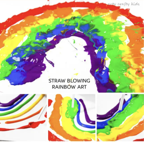 Rainbow made using straws and blowing into colored water