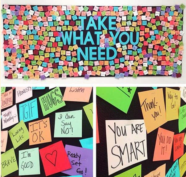 Kindness wall with rainbow sticky notes- Pride Month activities