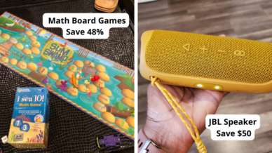 Examples of Amazon Prime Early Access Sale deals for teachers, including math board games for 48% off and JBL speakers $50 off.