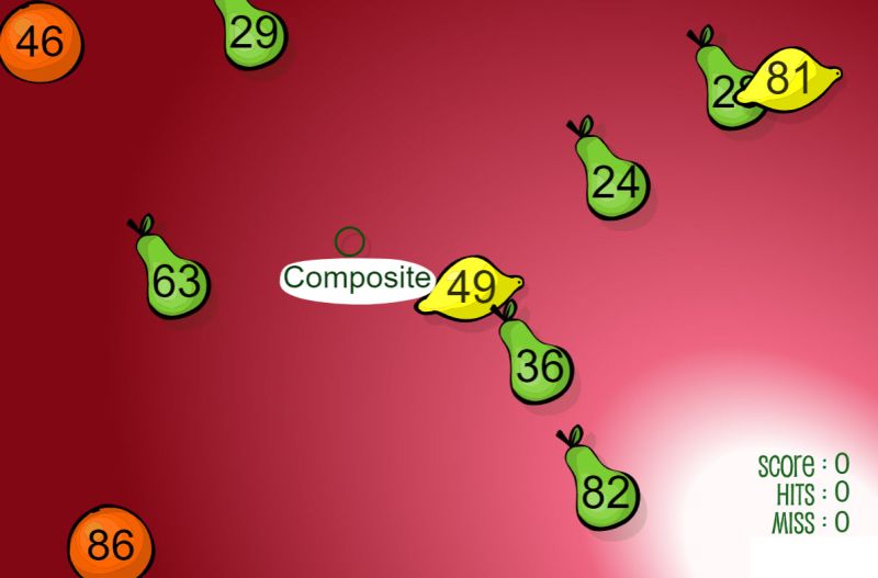 Colorful fruit images floating on a screen with numbers in each, and a target bubble saying "composite"