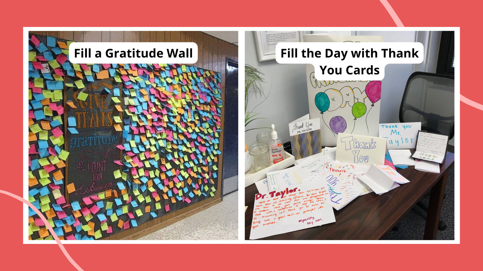 two ideas for principal's appreciation day 2024 gratitude wall and thank you notes