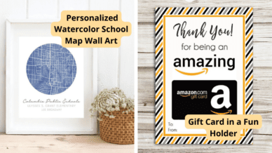 Examples of principal gifts, including and Amazon gift card holder and a watercolor map of the school.