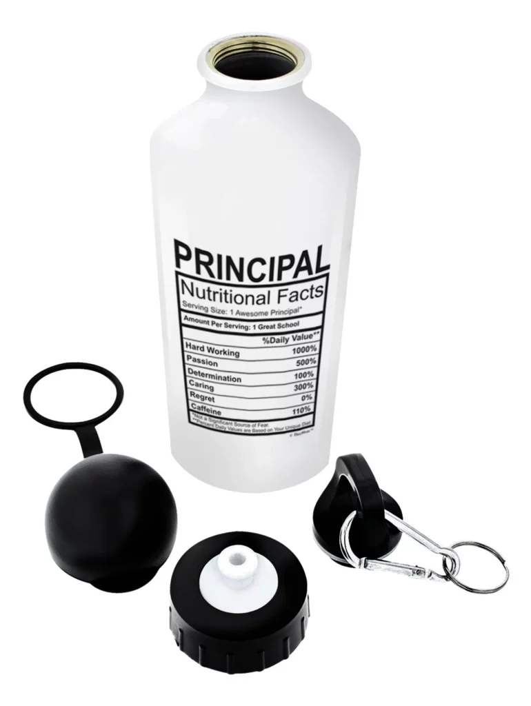 Black and white principal nutrition facts water bottle and lids