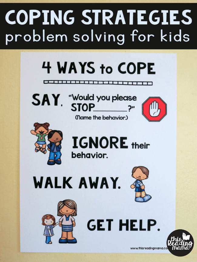 Poster showing 4 problem solving strategies for kids- say stop, ignore, walk away, get help