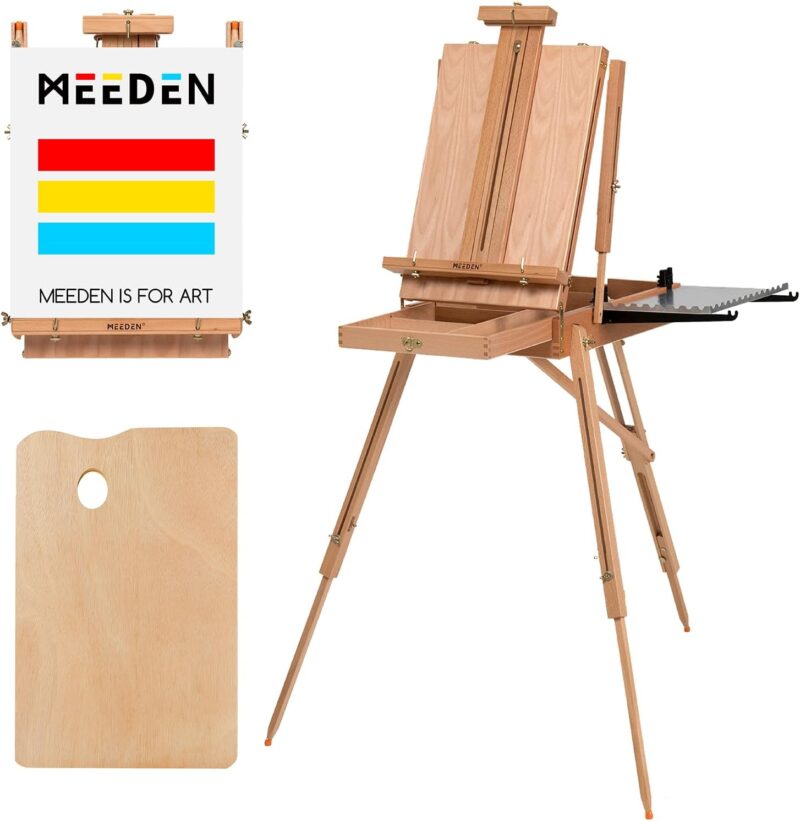 A wooden easel is shown with a metal tray coming out of it. A close-up of a wooden paint palette is also shown in this example of an art easel for kids.