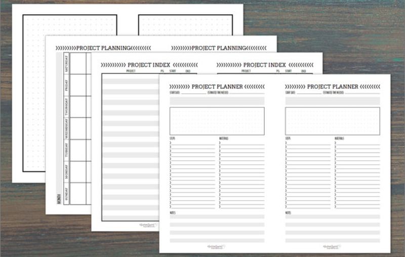 Four printable organizational skills project planner worksheets with room for lists, resources, and more