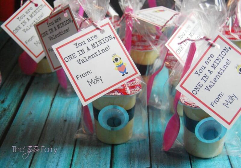 A valentine made from pudding cups dressed up as minions