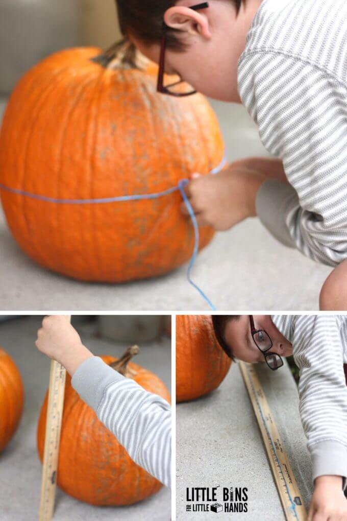 Child wrapping string around a pumpkin