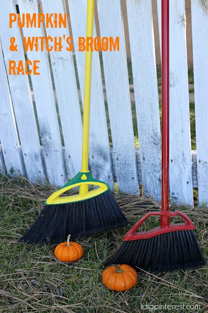 Two brooms and two small pumpkins are shown (Halloween Activities)