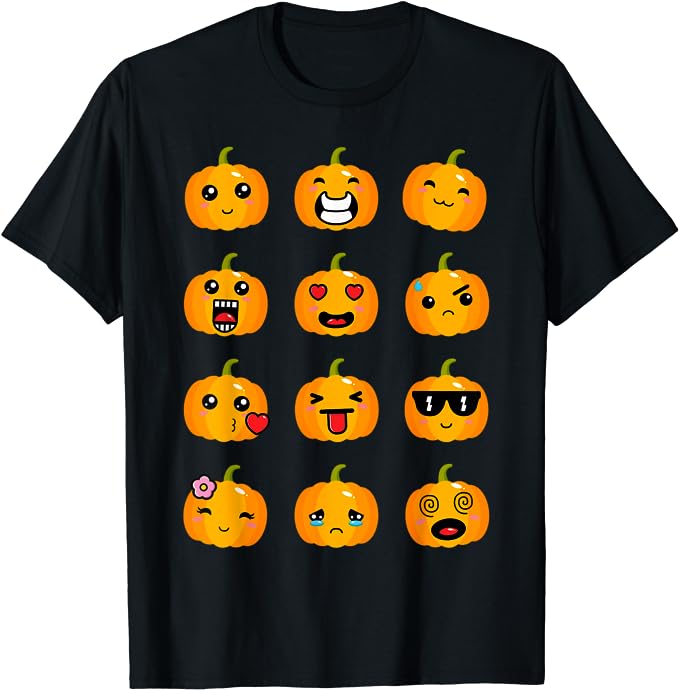 A black t-shirt features 12 pumpkins with faces that show a wide spectrum of emotions.