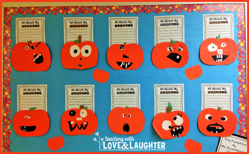 A blue background has several different style jack o' lanterns that have writing prompts attached to each one.