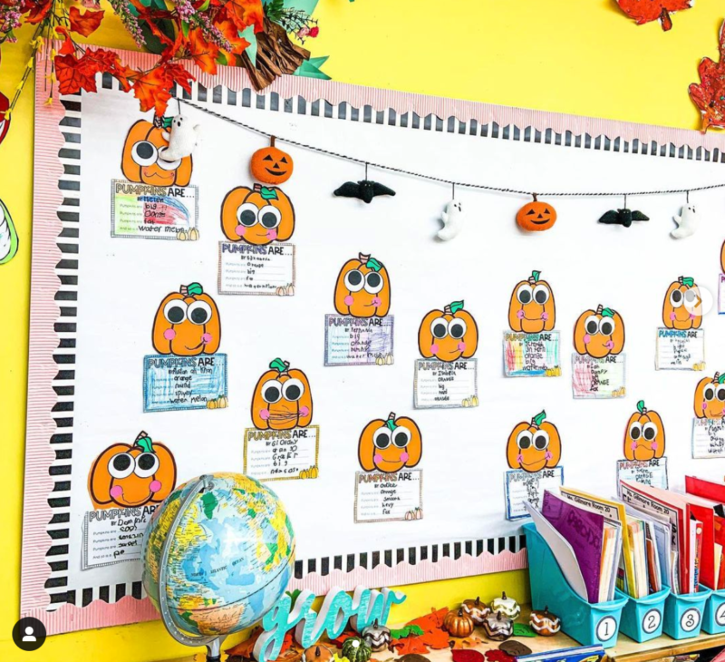 Adorable pumpkins on a Halloween board, as an example of Halloween bulletin boards