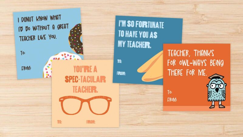 Four printable teacher thank you cards with funny puns.