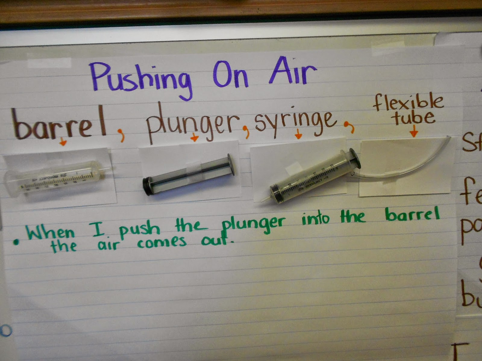 A piece of paper says Pushing On Air. It has a barrell, plunger, syringe, etc. on it (first grade science experiments)
