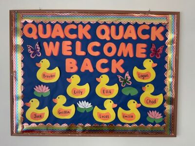 Quack quack welcome back ducks in a pond August bulletin board idea