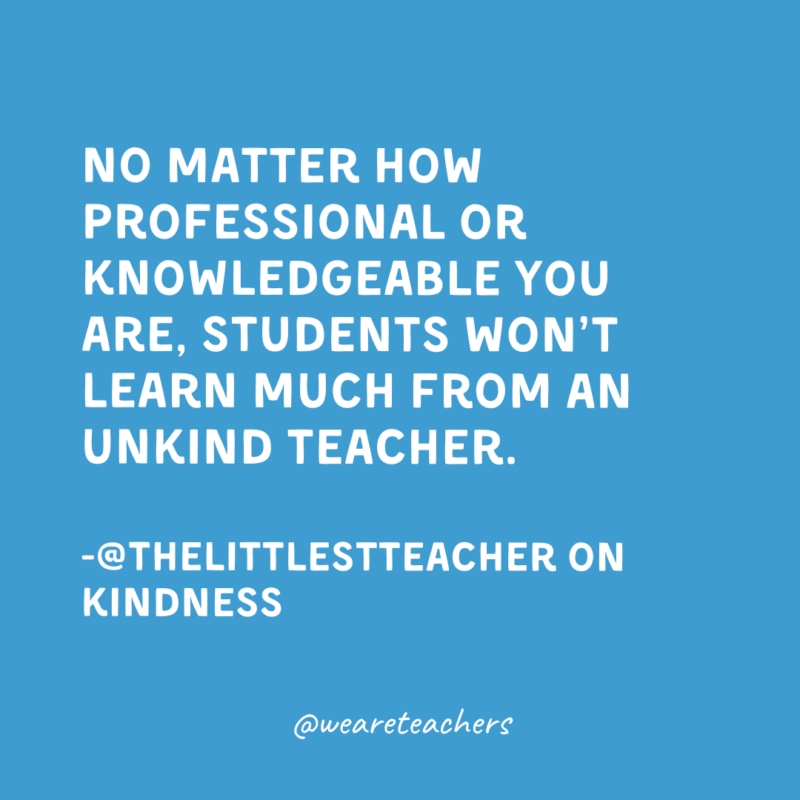 No matter how professional or knowledgeable you are, students won’t learn much from an unkind teacher.

-@thelittlestteacher on kindness