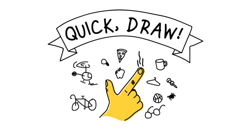 A hand is seen pointing to several sketches of objects. The text reads Quick, Draw!