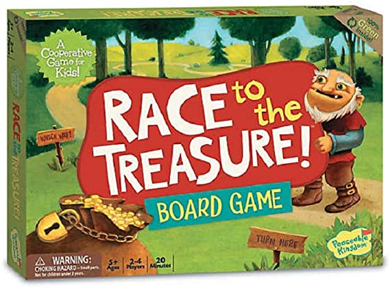 Box for the Race to the Treasure game showing an ogre peeking at a bag of gold
