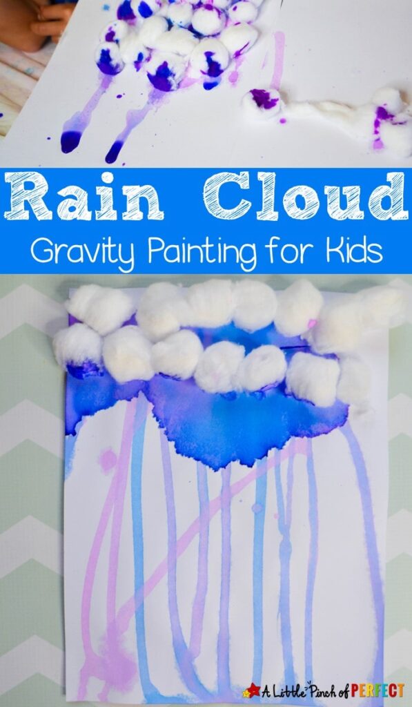 Rain clouds are created on paper with cotton balls and dripped paint as an example of spring activities for preschoolers