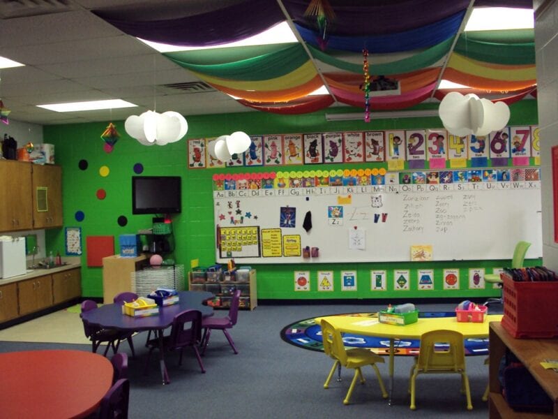 Colorful rainbow classroom theme with streamers and colored furniture