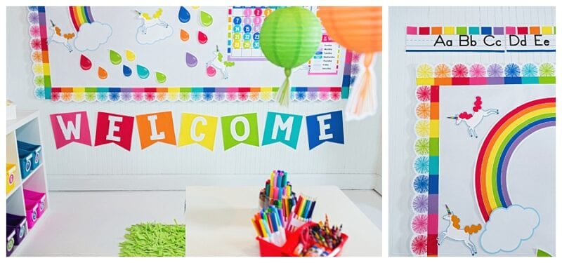 Hello sunshine rainbow bulletin board idea with balloons