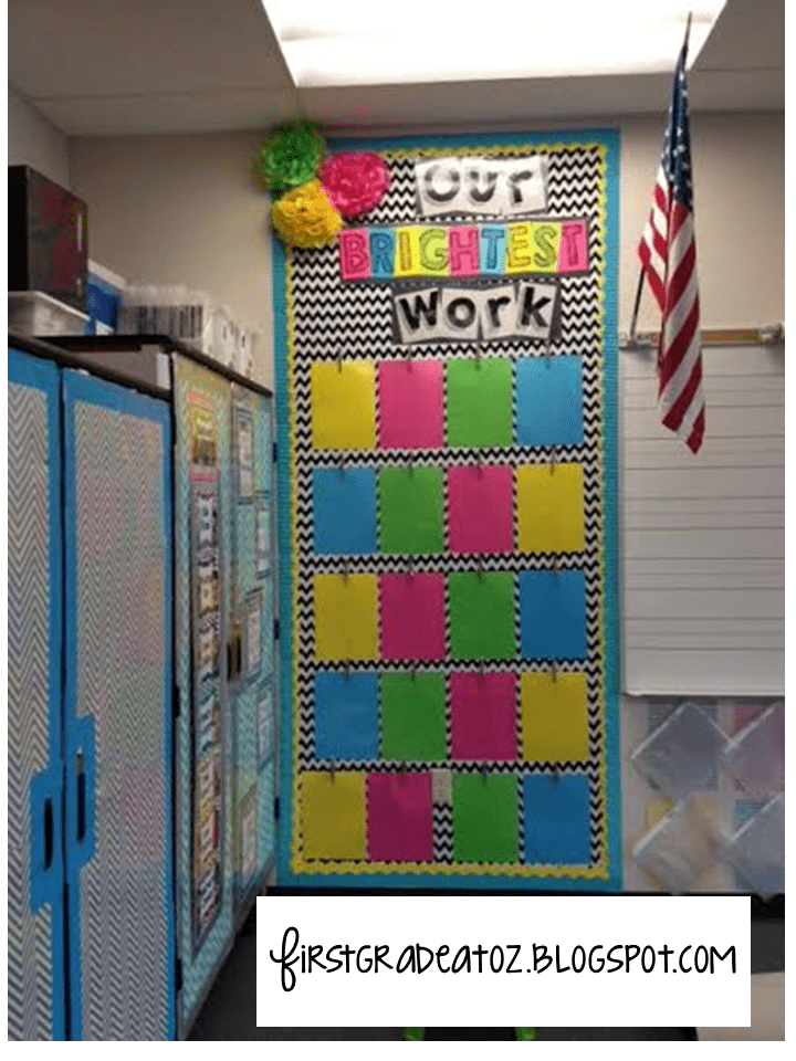 'Our brightest work' Student display rainbow bulletin board