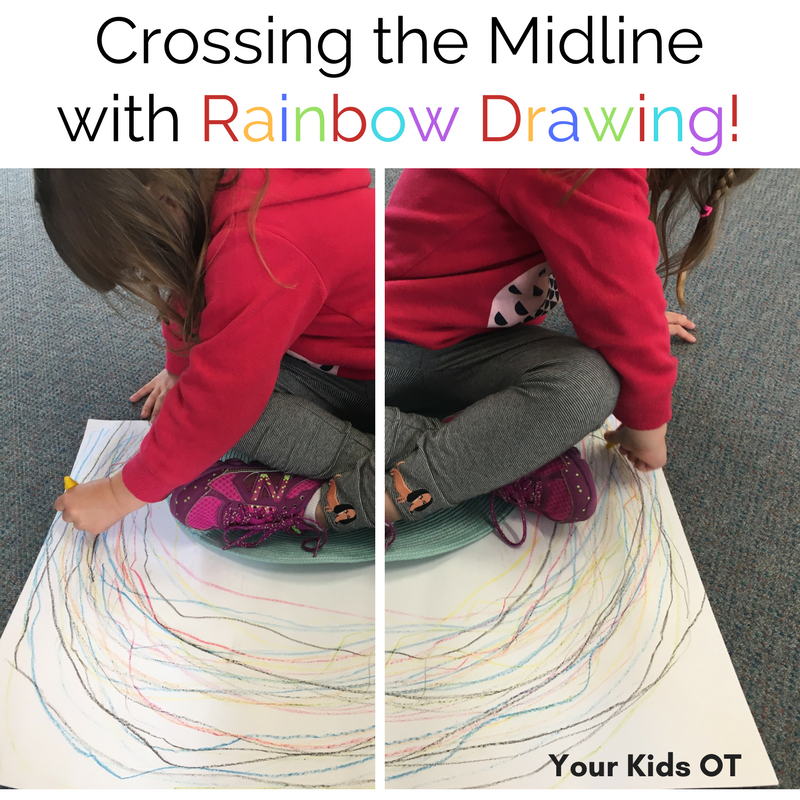 Child sitting on hand drawn rainbow